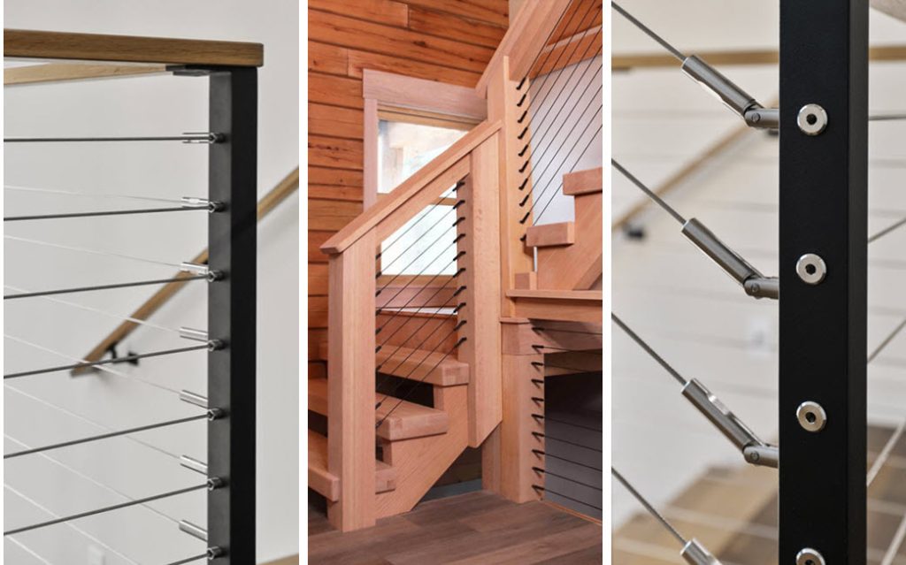 Three images showing the swageless level fitting on metal post, swageless stair fitting and the fittings used on wood posts