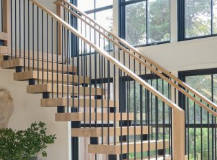 Spindle Railing with double stringer stair and white oak treads